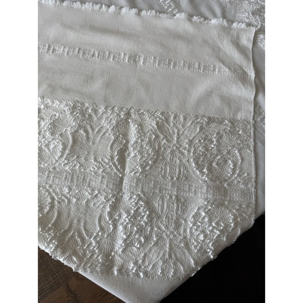 Vintage White Embroidered Tablecloth 56x74 Greek Key Floral Scrollwork Rectangle